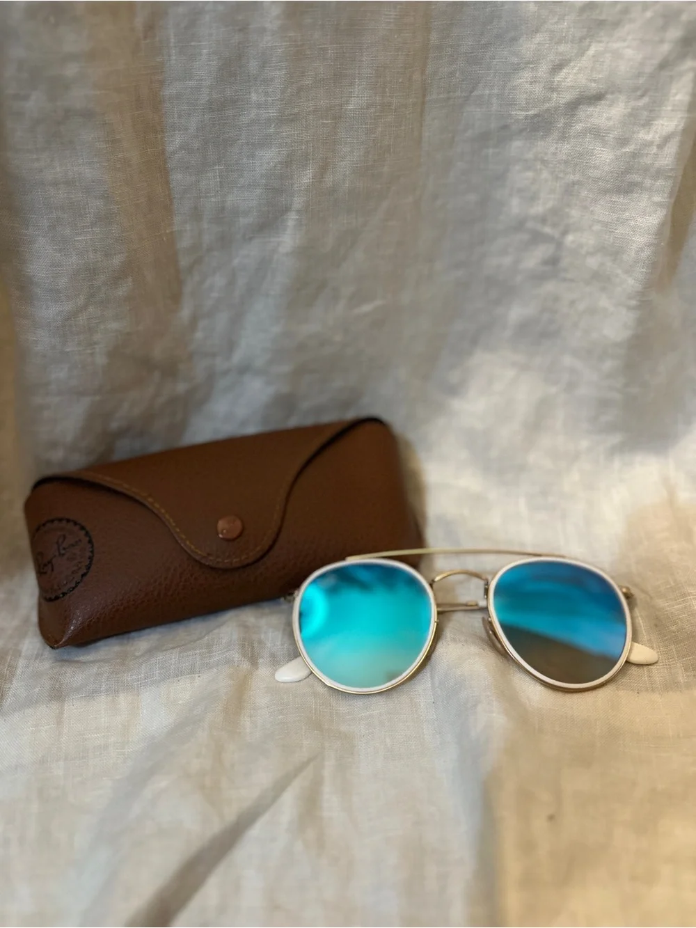 Ray-Ban White & Gold Frame Sunglasses with Round Blue Mirror Lenses